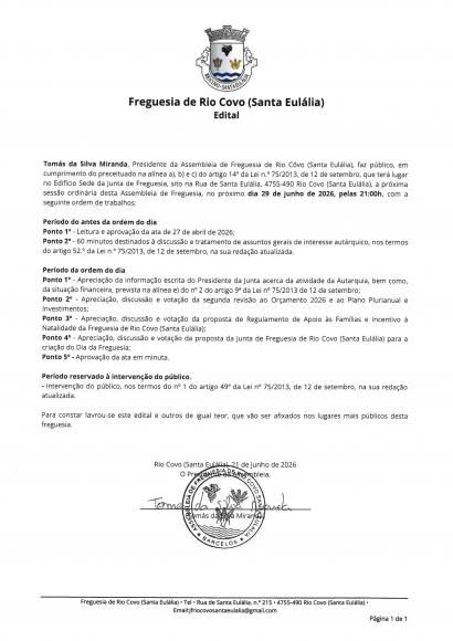 Edital n.&ordm; 2 - Assembleia Freguesia de 29/06/2026